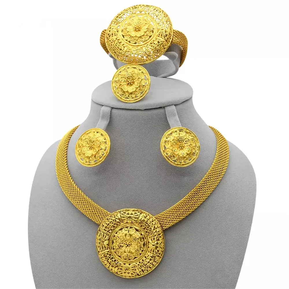 

African Necklaces Earrings Sets Nigerian Wedding Jewelry Set For Women Gold Colour Flower Necklace Bracelect Rings Jewellery