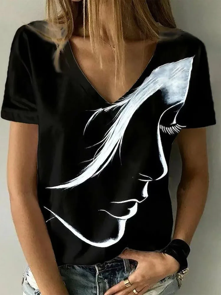

Retro Printed Women Blouse Summer New Short Sleeve Tops Streetwear Spring Elegant V-Neck Commuter Office Pullover Top Clothing