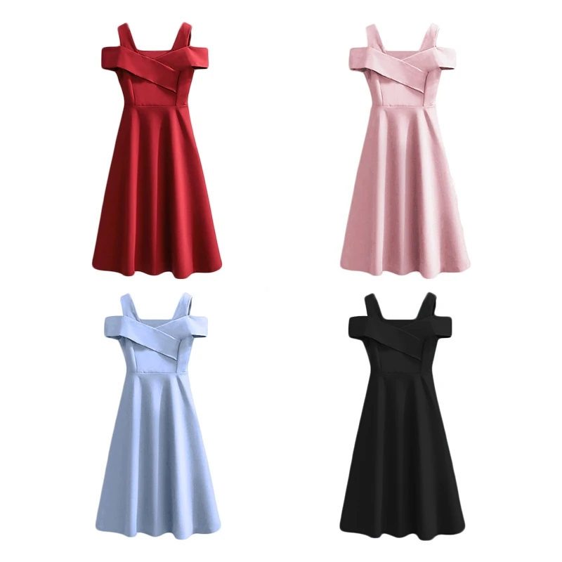 

Women Short Sleeve Sexy Cold Shoulder V-Neck Midi Long Swing Dress Solid Color Empire Waist A-Line Pleated Clubwear 10CD
