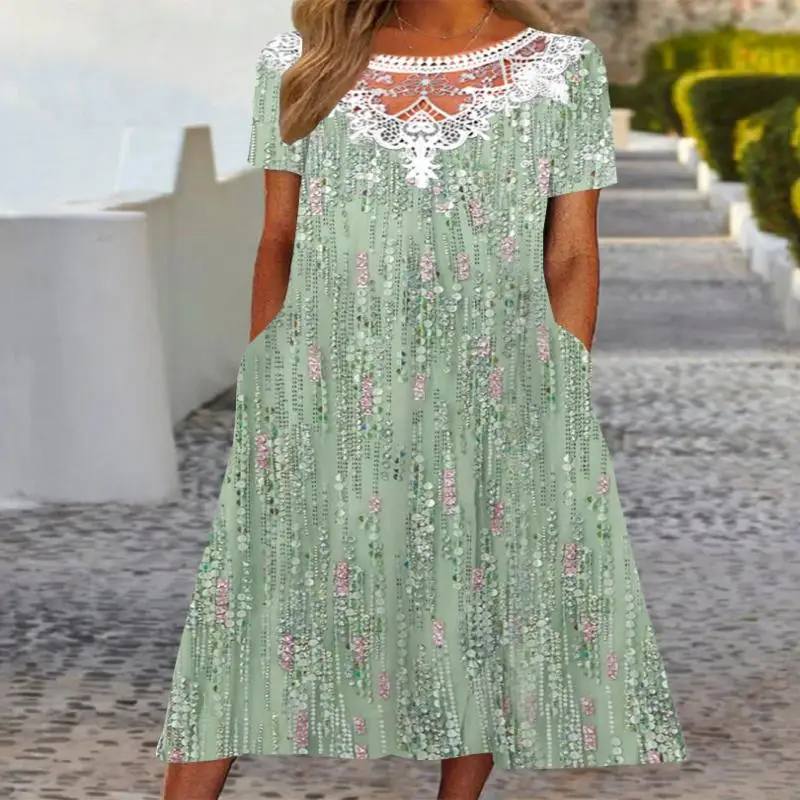 Женское кружевное платье миди с коротким рукавом и цветочным принтом