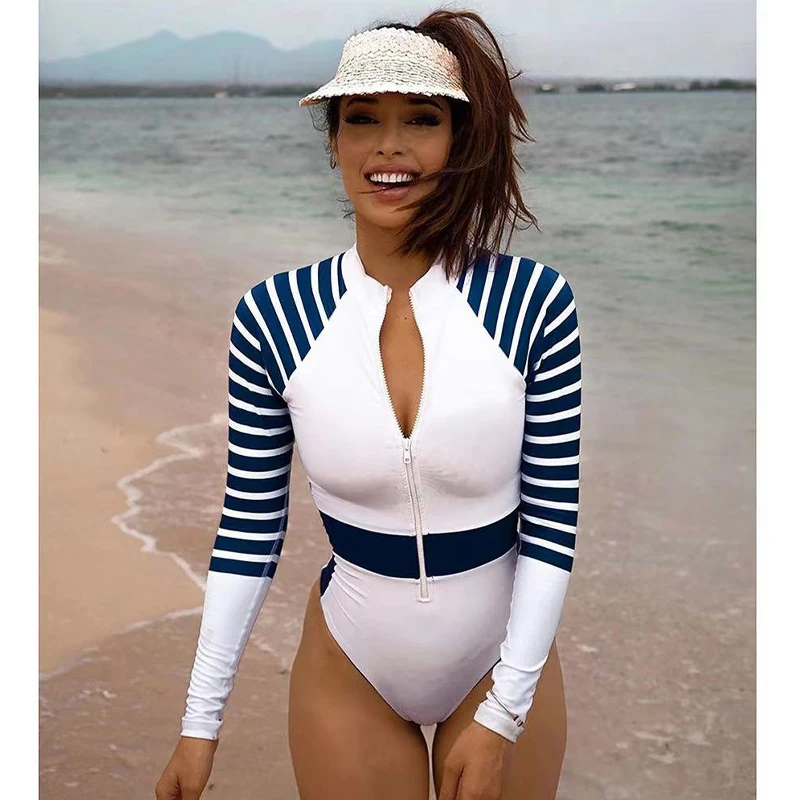 Слитный купальник в полоску женский 2023 монокини с длинным рукавом купальный