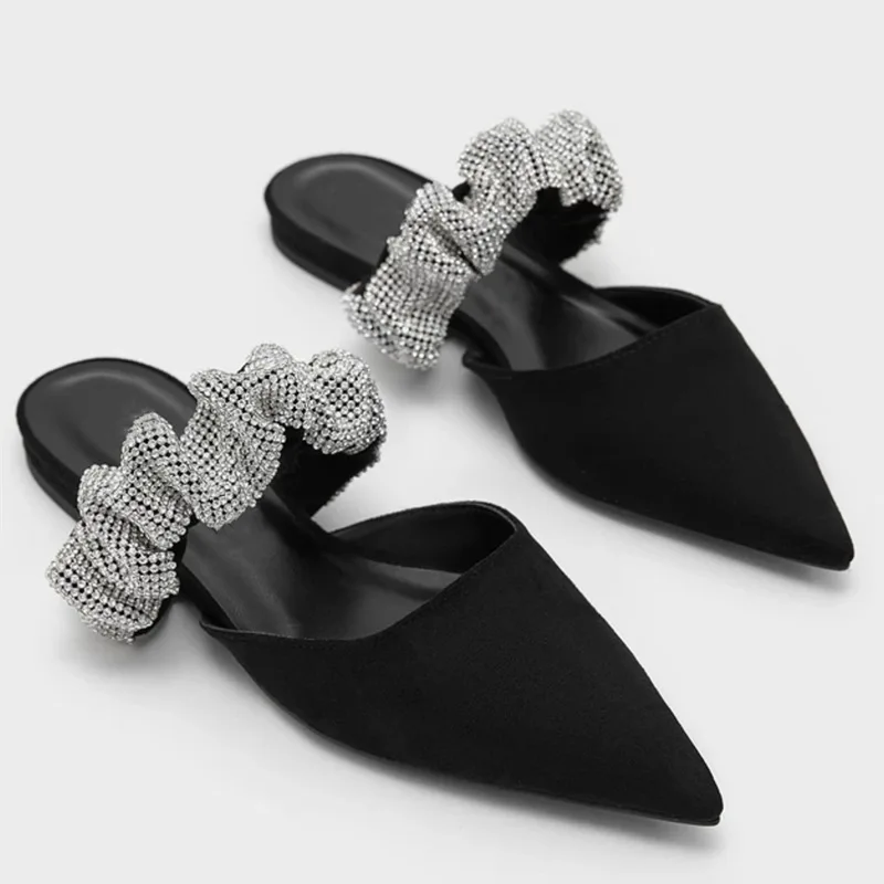 

New Low-heeled Sandals Women's Mules Shoes Rhinestone Gemstone Strap Flat Bottom Pointed Toe Fashion Pleated Female Slides