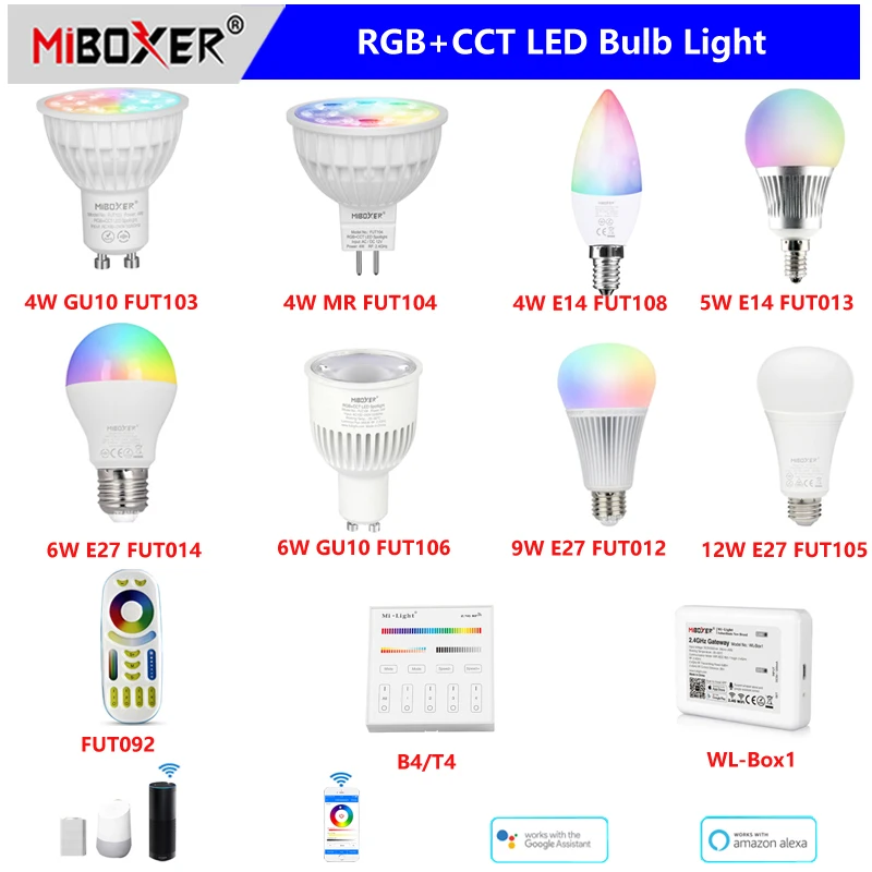 Miboxer 2.4G 4W 5W 6W 9W 12W RGB + CCT lampadina a LED MR16 GU10 E14 E27 WIFI Smart LED dimmer Light lampada a Led telecomando/APP/controllo vocale
