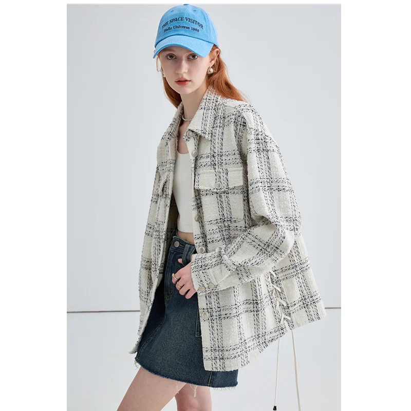 

Women's Fashion New Style Check Jacket 2022 Sense of Design Cross Straps Vintage Hong Kong Style Temperament Outerwear Autumn