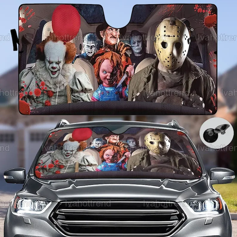 

Солнцезащитный козырек для автомобиля с ужасными персонажами, солнцезащитный козырек для автомобиля с ужасными персонажами, лобовое стекло для автомобиля Pennywise, автомобильный козырек от солнца Джейсона вурхеса, ужас Хэллоуин