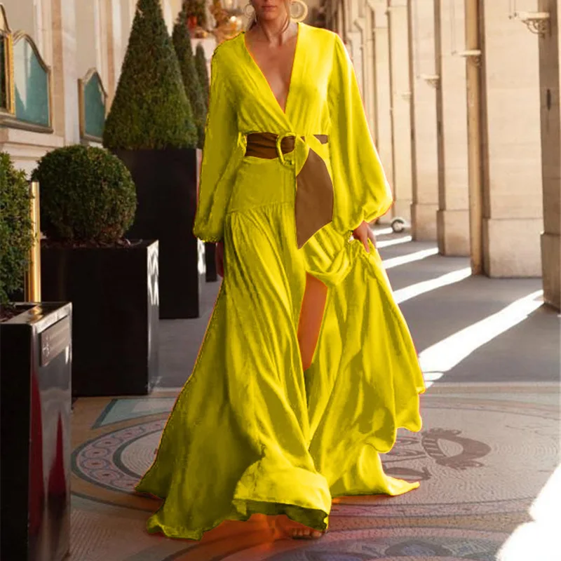 

Elegant Yellow Long Sleeve Deep V Neck Long Style Quinceanera Dresses Fashion Prom Vestidos De Noche New Casual Large Size Robes