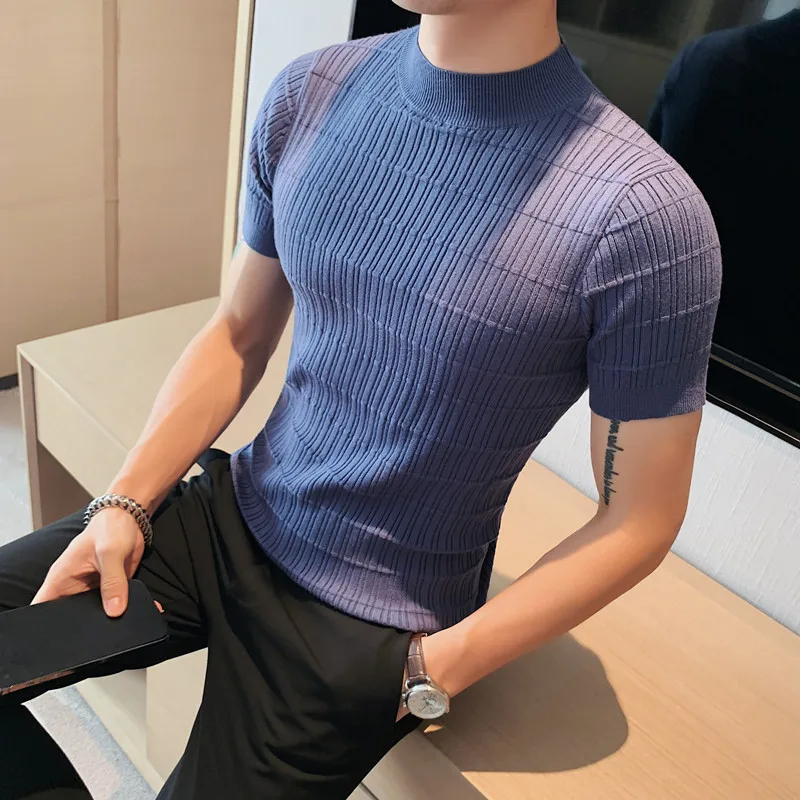 2022 Summer Knitted T-shirt Men Slim Short Sleeve Sweater Half Turtleneck Casual Tee Tops Streetwear Bottoming Shirt Clothing
