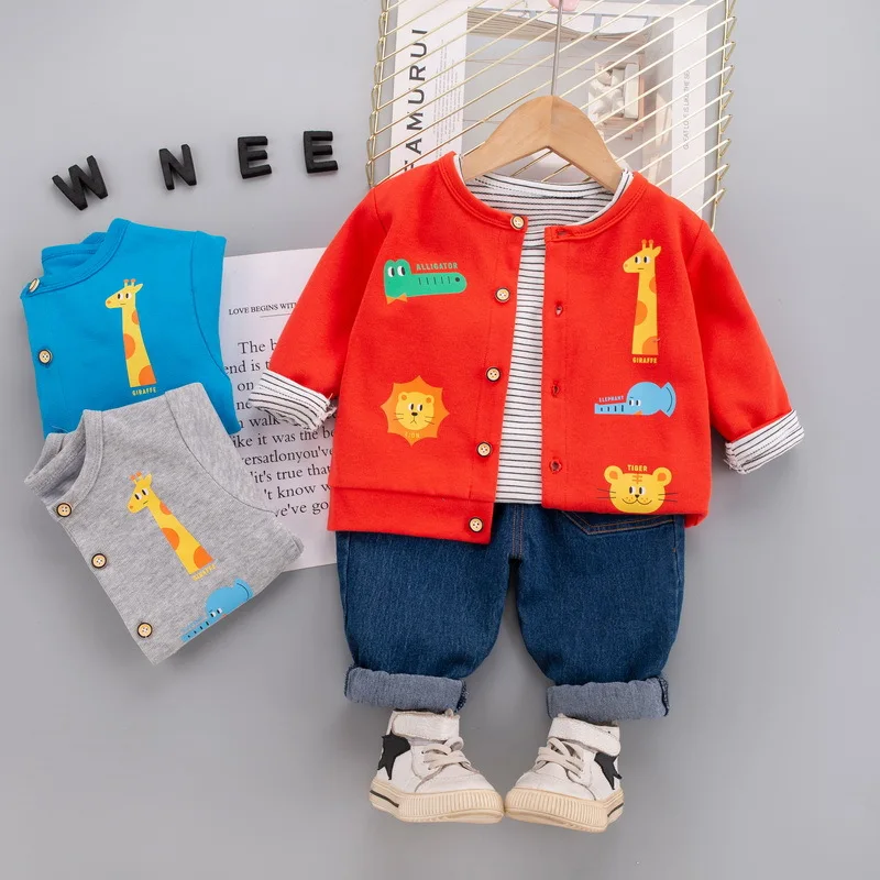 

OLKEID 2022 Autumn Children Boy 3PCS Clothes Set Animal Cardigan Jacket Black White Striped T-shirt Jeans Infant Little Boy Suit