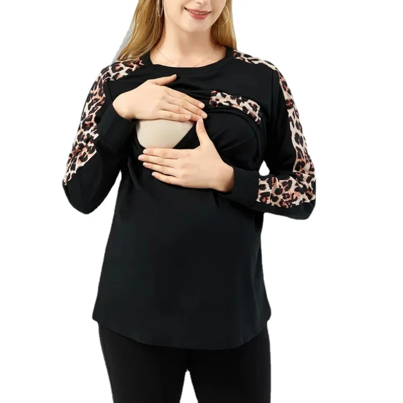 New Spring & Autumn Women Maternity Clothes Breastfeeding Clothes Fashion Leopard Print Patchwork Long Sleeves Pregnant Clothes