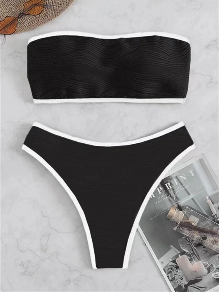 

Bikini 2023 New Swimsuit Women Swimwear Tube Top Ribbled High Waist Thong Bikinis Set Female Bathing Suit Biquini Beach Summer