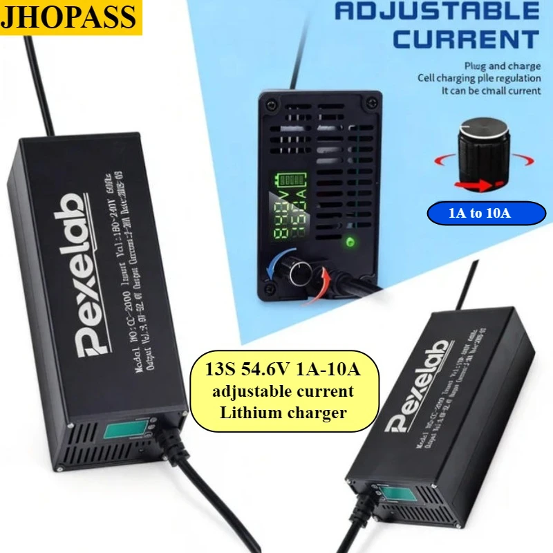 Фото Зарядное устройство для LiFePO4 литиевых аккумуляторов 13S LCD 220V 54.6V 1A-10A с интеллектуальной регулировкой тока для погрузчиков и поломоечных машин, с вилками UK, US, EU, AU №1