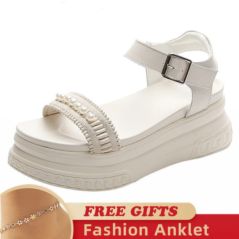 Pearls Deco 7cm Platform Design  Women Wedge Sandals Genuine Leather Buckle Women Breathable Slippers Summer Ladies Chunky Shoes