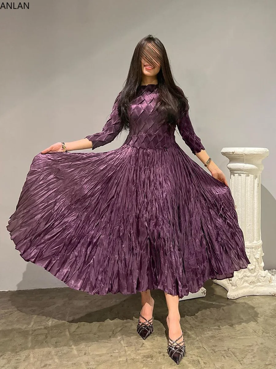 

Женское плиссированное платье ANLAN Miyake, модное дизайнерское свободное элегантное платье-трапеция с длинным рукавом и соединением, Новинка лета 2023, 2A257101