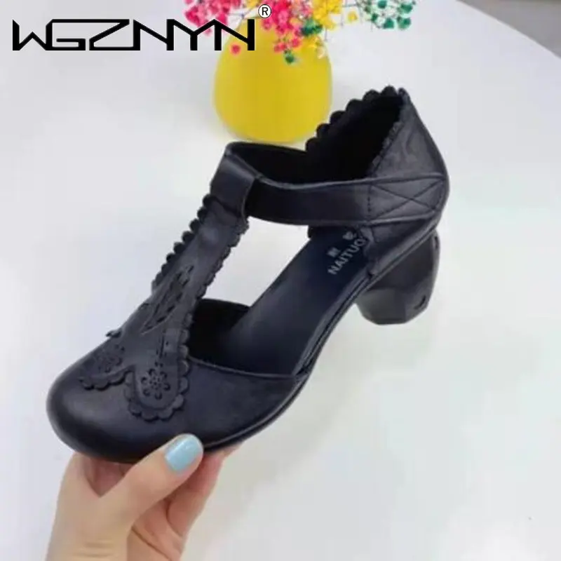 NEW Shoes Women's Sandals Genuine Leather Ruffles Round Toe Pumps Summer Hook Rubber Soled Moccasins Sandals Chunky Heels Shoes images - 6