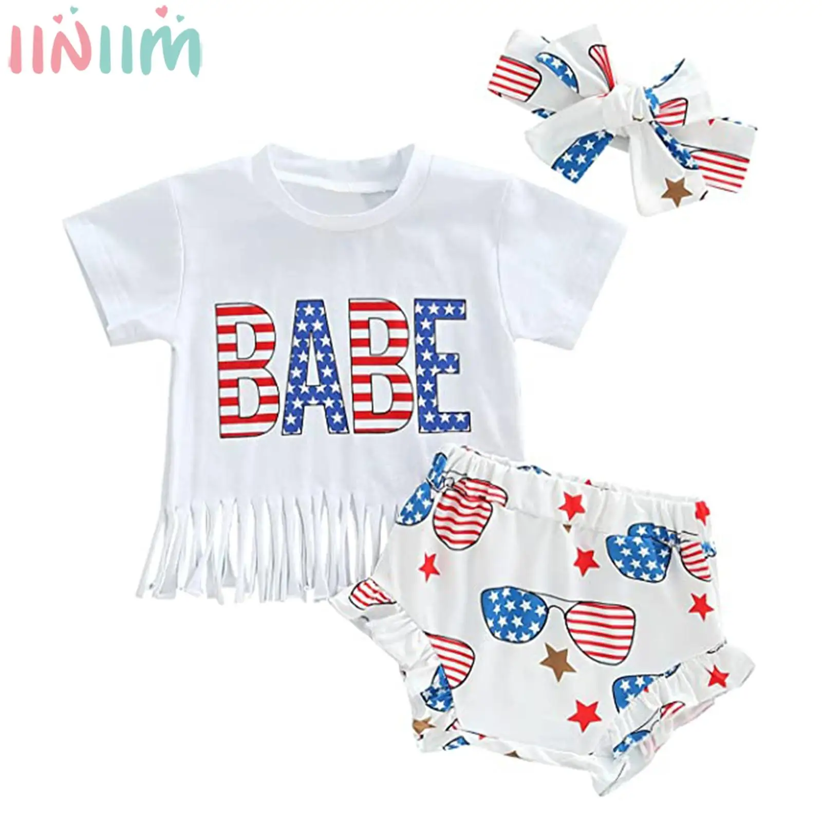 

Повседневный комплект одежды для маленьких девочек, топ с коротким рукавом и буквенным принтом с трусами и повязкой на голову, костюм для пр...