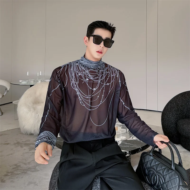 Мужская футболка с воротником-стойкой подходящая ко всему черная длинным