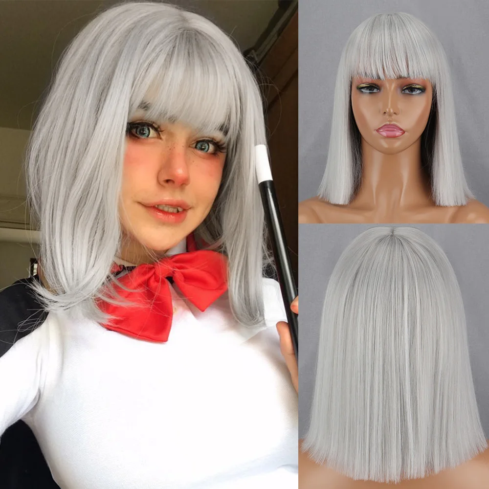 

Silver Grey Short Bob With Bangs Wigs for Woman Straight Gray Bob Wigs Cosplay Daily Party Red Black Pink Wig