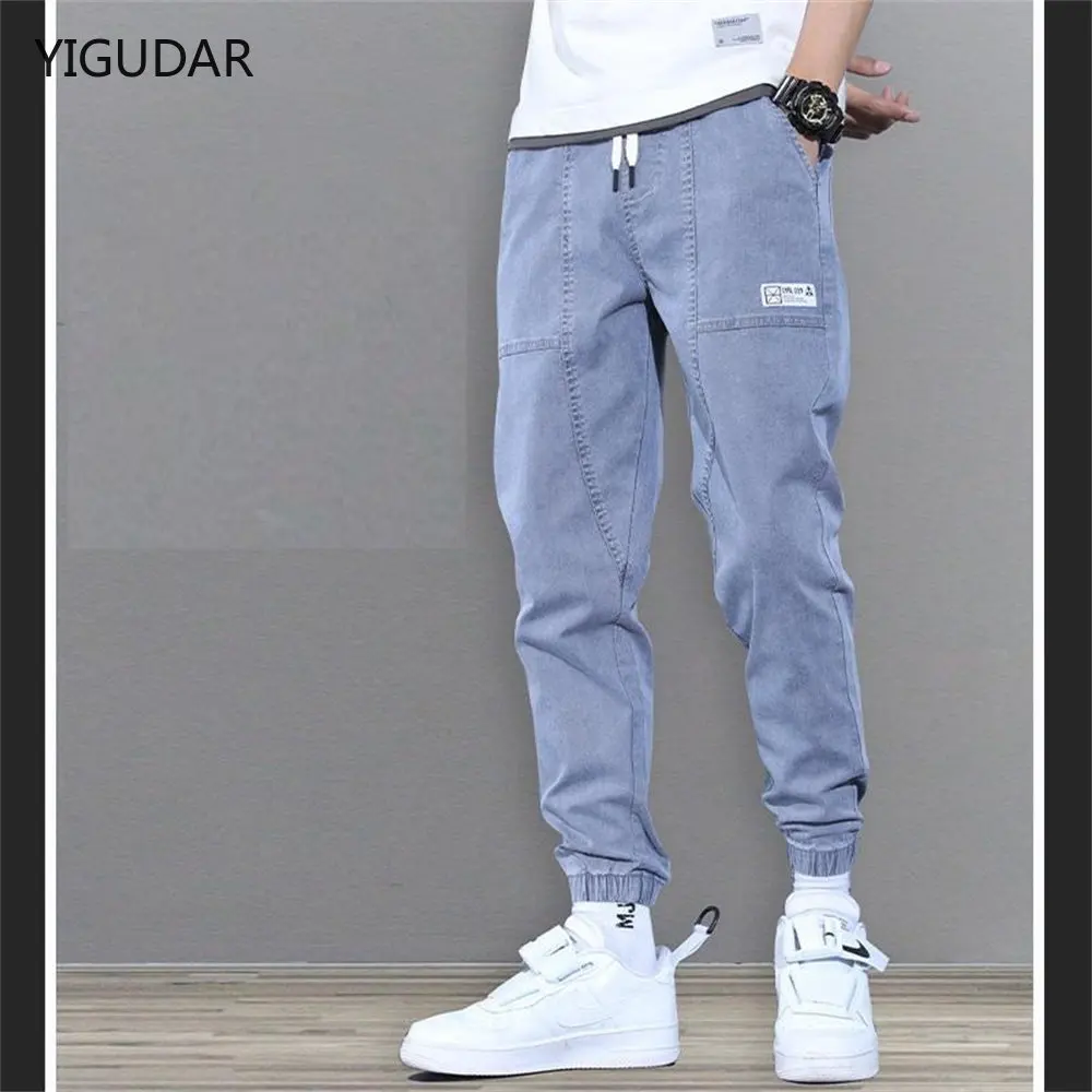 Jeans Men Retro Blue Elastic Hip hop Streetwear Loose fit Harem Pants Patched Casual Denim Men Jeans Trousers Cowboys pants