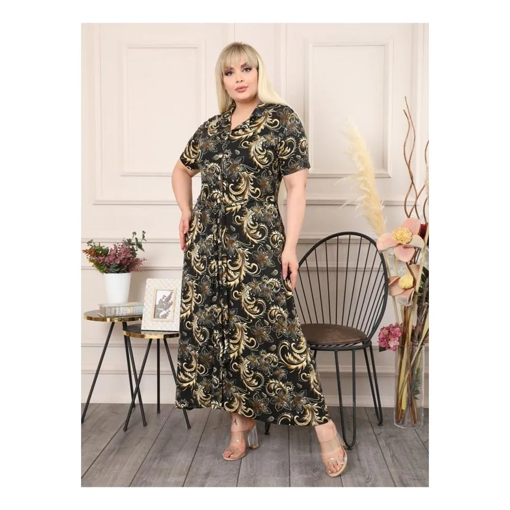 

Dorlie Women Black Large Size Yellow Paisley Pattern Button Full Size Flexible Viscose Dress