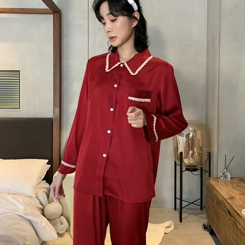 Осенняя Повседневная парная атласная рубашка с длинным рукавом и брюки пижамный