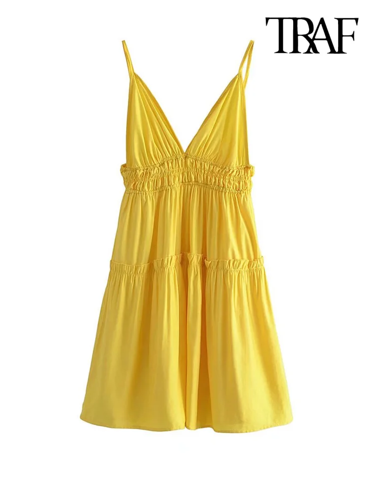 

TRAF Women Fashion With Ruffles Pleated Mini Dress Vintage Backless Thin Straps Female Dresses Vestidos Mujer