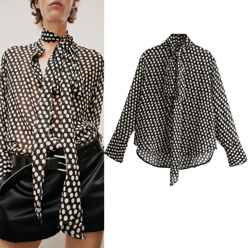 

TRAF Vintage Dotted Bow Blouse Women Autumn Fashion Round Neck Self Bow Shirts Casual Buttoned Long Sleeves Asymmetric Hem Tops