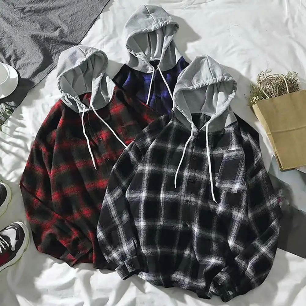 

Fashion Cardigan Shirt Comfortable Men Shirt Coat Single Breasted Student Plaid Print Hooded Shirt Jacket Windproof