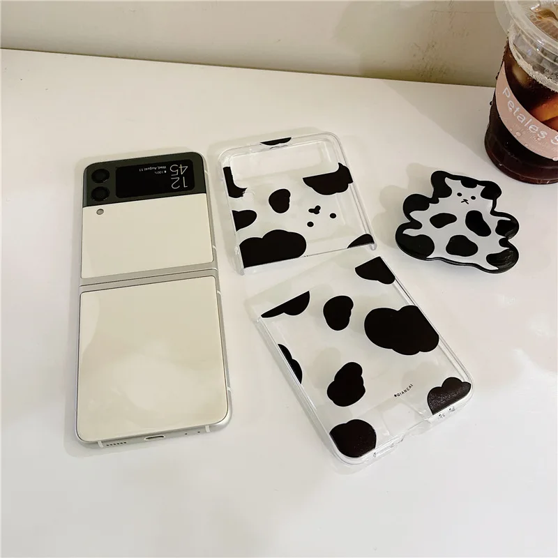 INS Checkerboard Cow Holder Phone Case for Samsung Galaxy Z Flip 4 3 Hard Cover for ZFlip3 Zflip4 Solid Shell Bracket