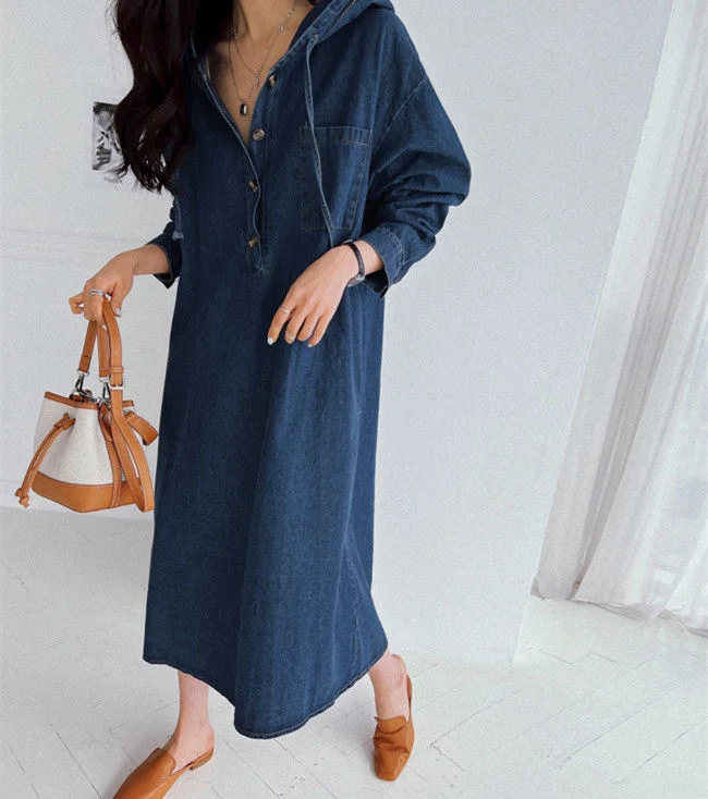 

Korean Long Sleeve Hooded Loose Casual Denim Dress 2022 Autumn Winter New