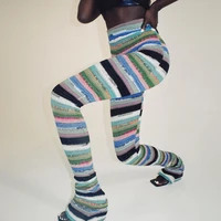 striped knitted hippie leggings stacked street pants autumn 2022 streetwear women fashion colorful sexy bodycon super trousers