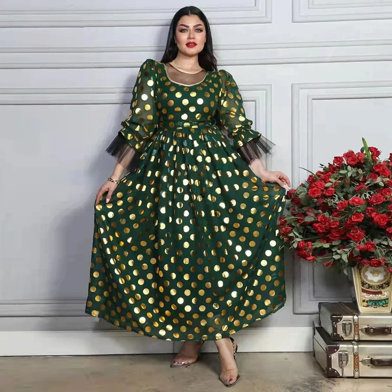 

Polka Dot Print Kaftan Dress Bohemian Chiffon Abayas Dubai Arabic Turkish Islamic Clothing Robe Femme Musulmane Eid Mubarak