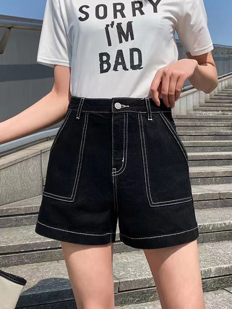 New Spring Summer Women High Waist Loose Black Denim Shorts Streetwear Female Wide Leg Retro Jeans Shorts Bottoms