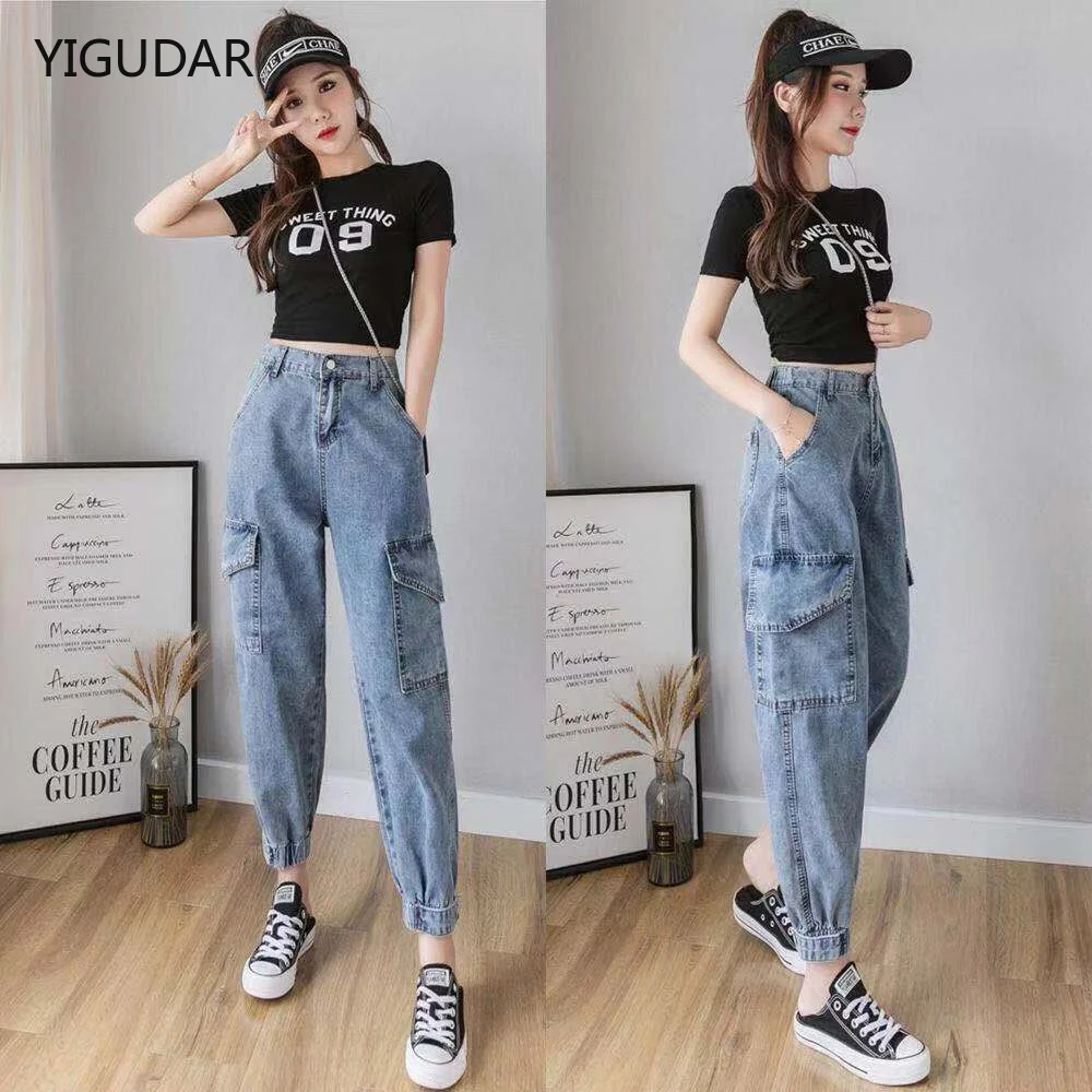 

Casual Big Pocket Cargo Denim Pants Women Blue Boyfriend Elastic High Waist Jeans Streetwear Banded