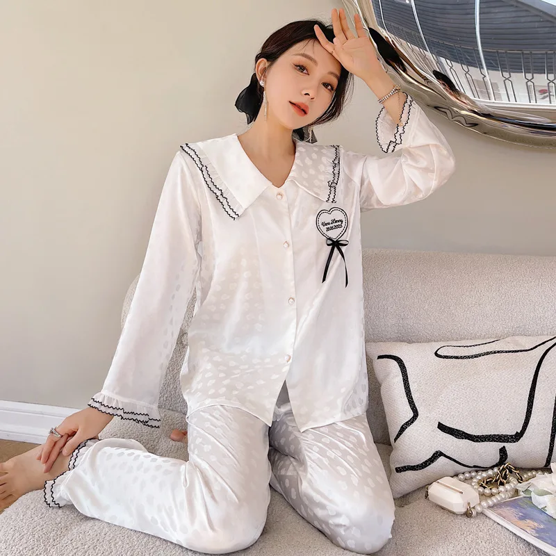 New style pajamas women's ice silk thin long-sleeved trousers suit large women's household clothes