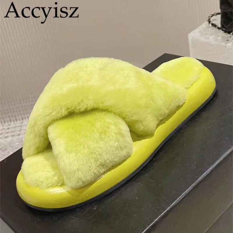 

Autumn Winter New Cross Fur Slippers Women solid color Open Toe Thick Sole Flat Shoes Warm Comfort Lamb Wool Slippers Lazy Mules
