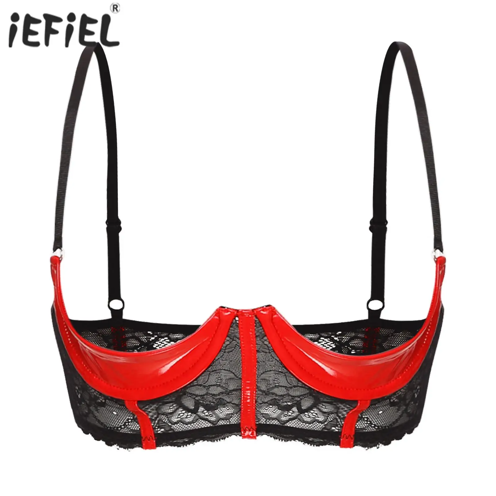 

Sexy Womens Patent Leather 1/3 Cup Underwired Bra Tops Adjustable Straps Sheer Floral Lace Brassiere Lingerie Bras Top Underwear