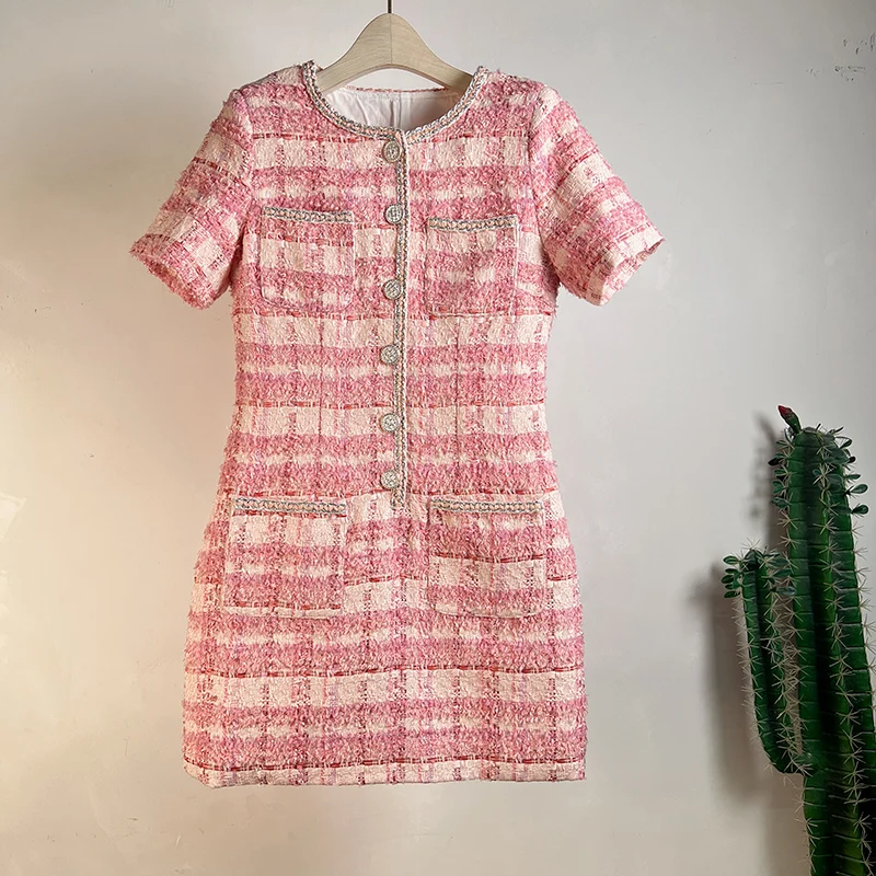 

Женское твидовое платье в клетку, розовое однобортное шерстяное ТРАПЕЦИЕВИДНОЕ ПЛАТЬЕ С Карманами и коротким рукавом, Осень-зима 2023