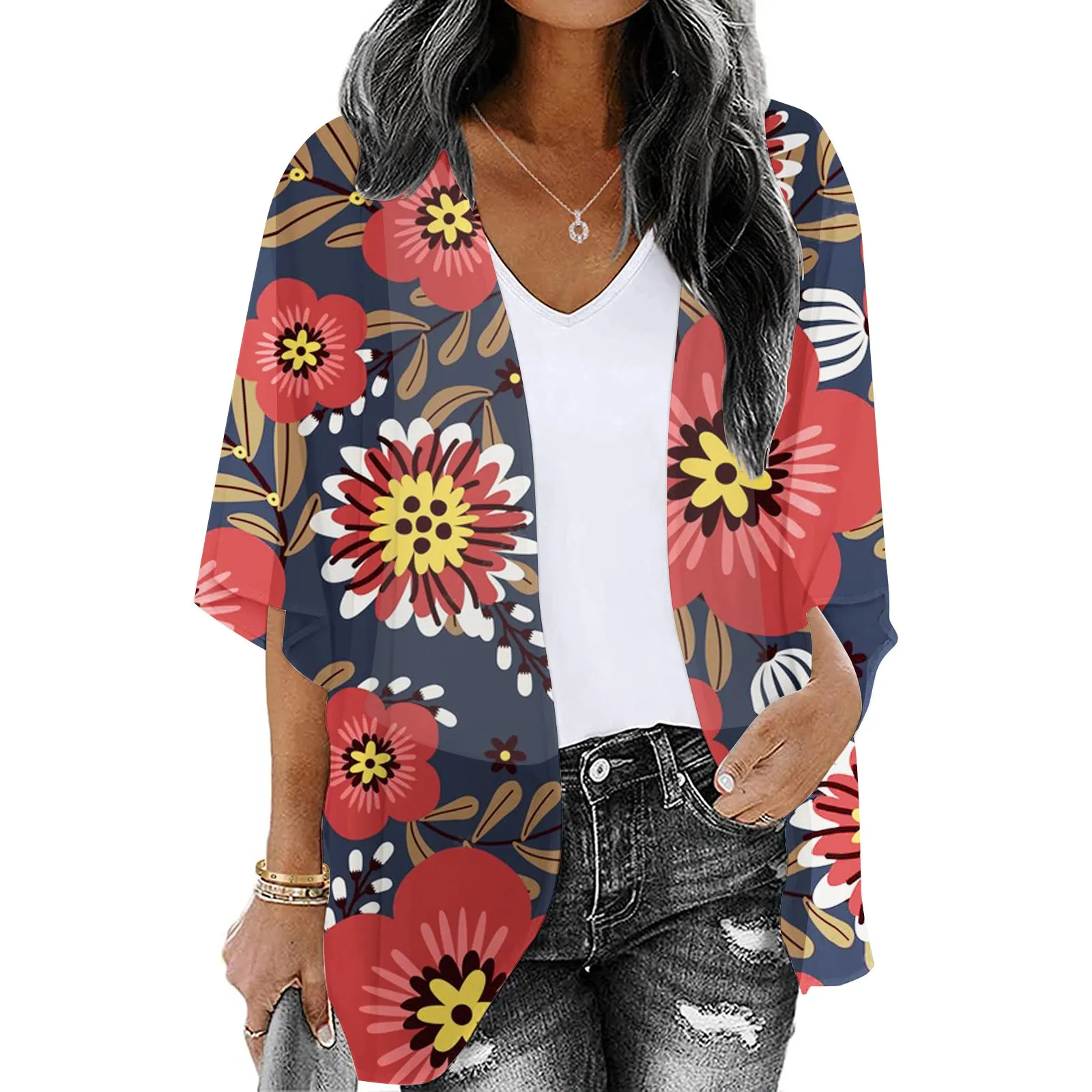 

Summer Womens Floral Printed Puff Sleeve Chiffon Kimono Cardigan Loose Cover Up Casual Blouse Tops