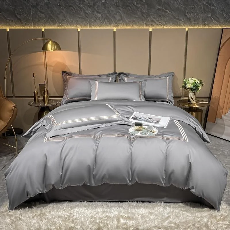 

White Gray Luxury Hotel Soft Egyptian Cotton Bedding set Queen King Chic Frame Embroidery Duvet Cover Set Bed Sheet Pillowcase