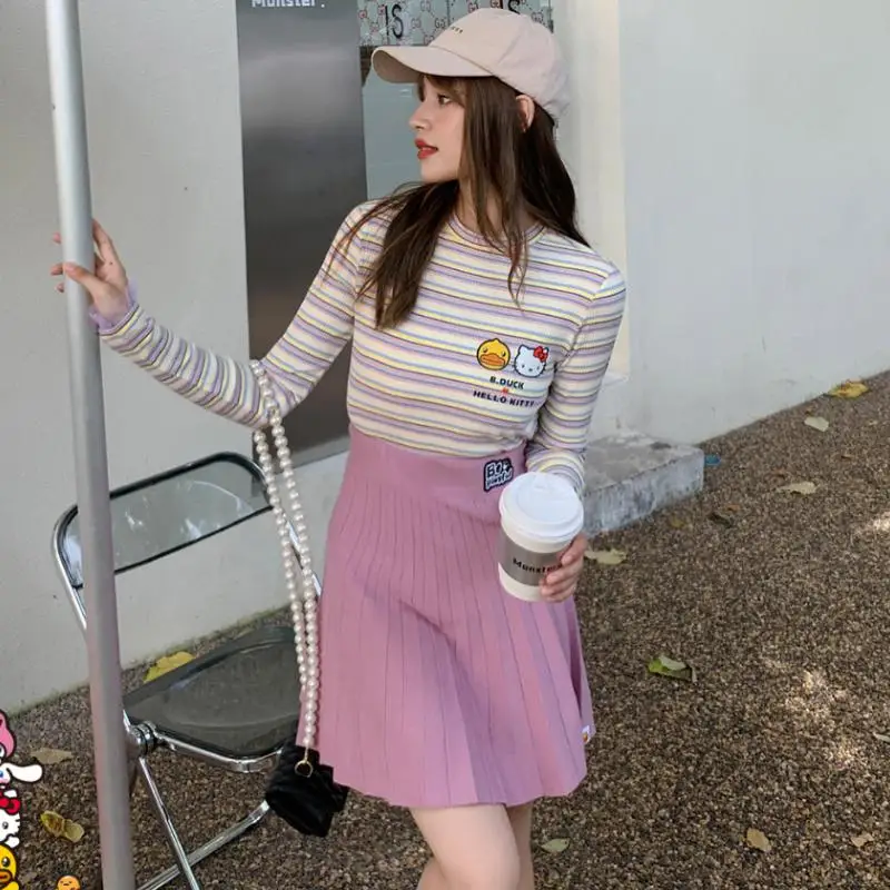 

Kawaii Sanrios Anime Series Hello Kitty Long-Sleeved T-Shirt Autumn New Cotton Cartoon Cute Rainbow Striped Bottoming Shirt