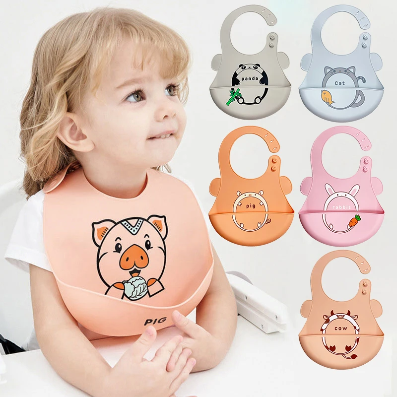 

Cute Baby Bibs Waterproof Silicone Bib Infant Toddler BPA Free Feeding Saliva Towel Cartoon Print Adjustable Children Apron
