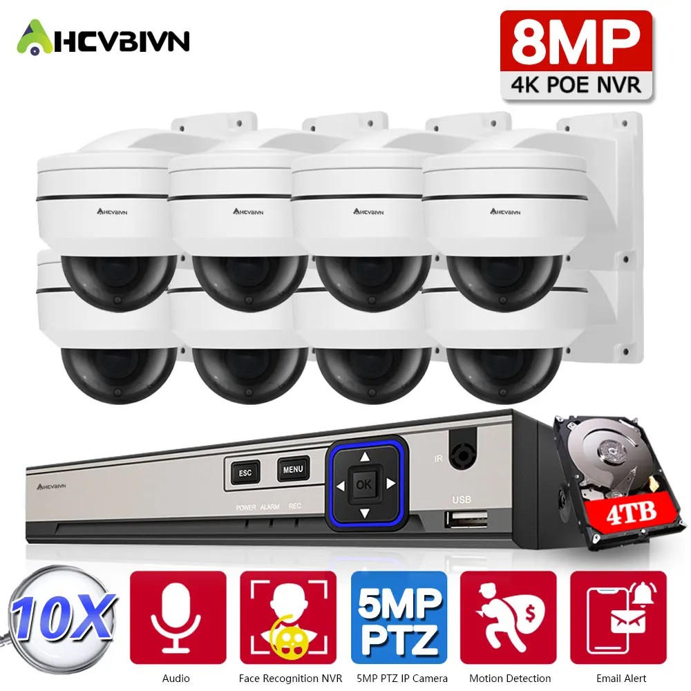 

8CH 5MP Smart AI PTZ IP Dome Camera System 4K 8MP NVR Kit P2P IP66 IR 80M Audio Motion Detection H.265 Video Surveillance Set