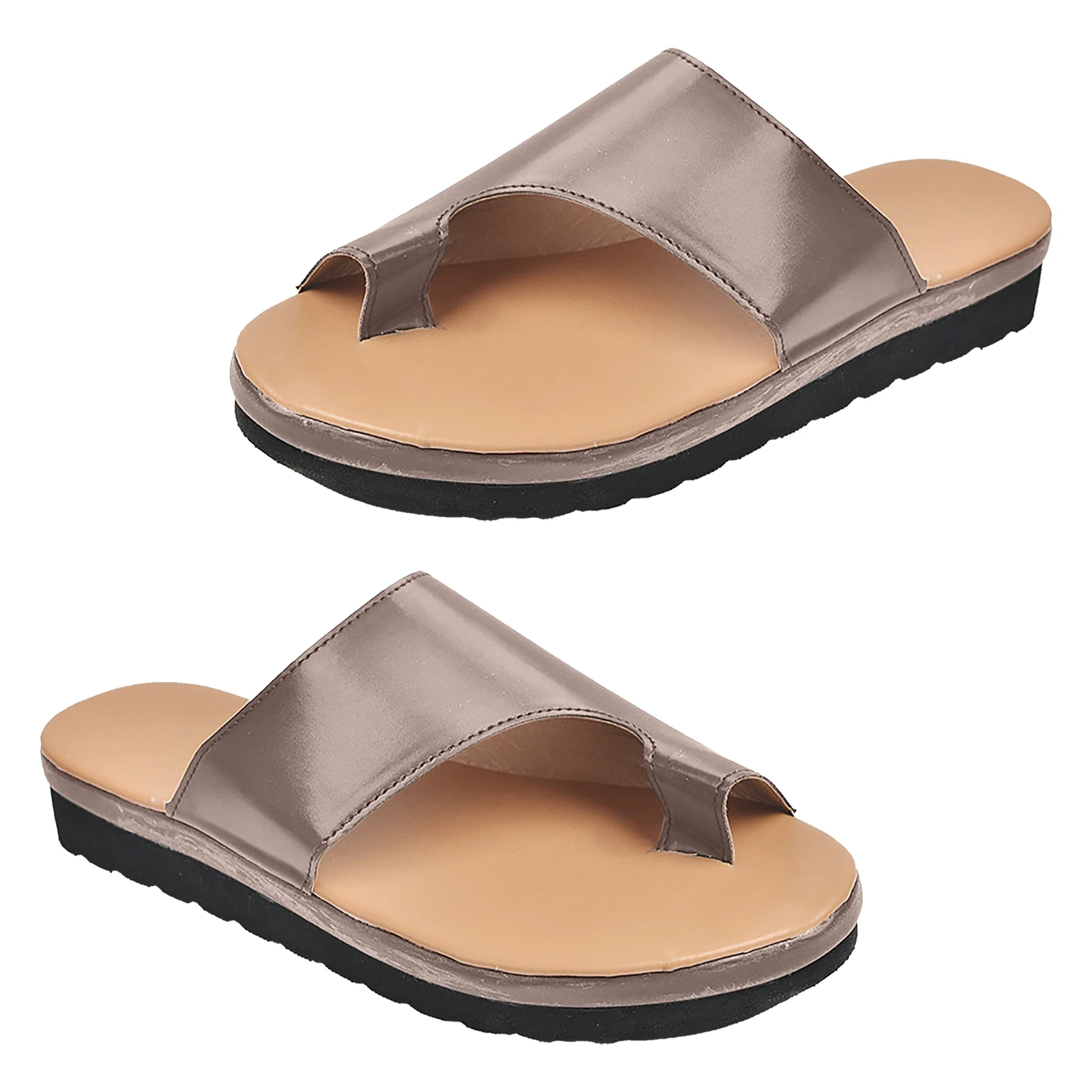 

Women PU Leather Walking Toe Ring Gift Summer Beach Home Travel Solid Casual Shoes Fashion Flip Flops Wedge Slide Comfy Slipper