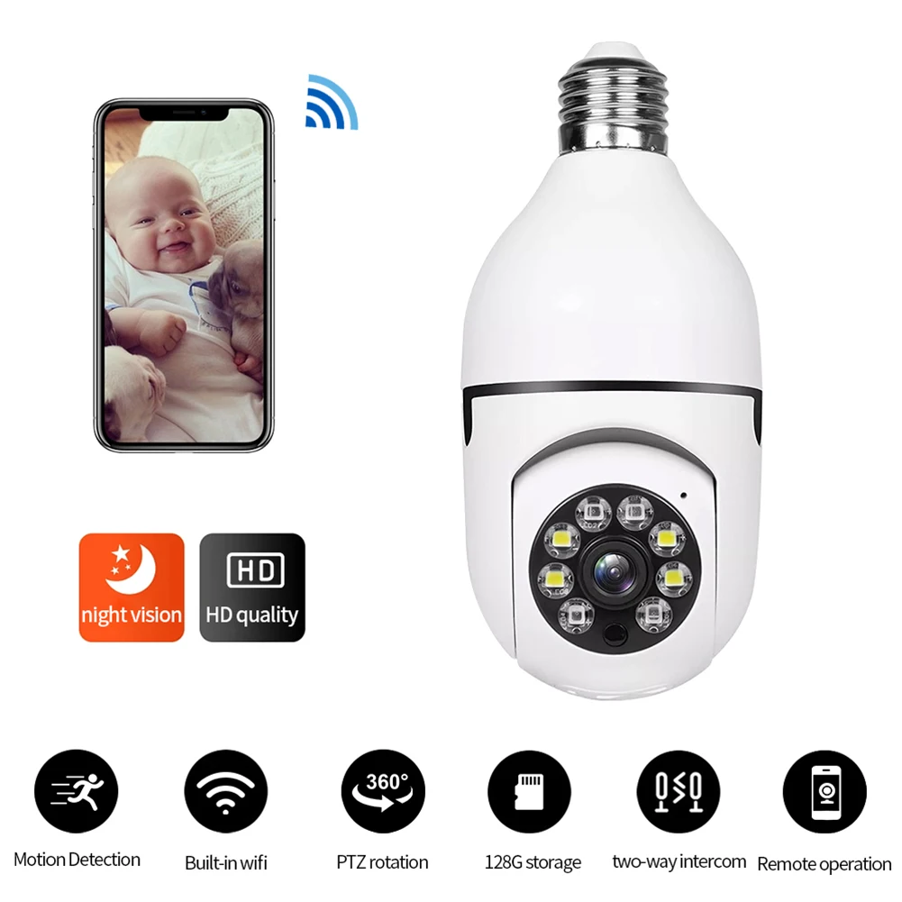 

1-5pc 2MP HD Wireless WiFi Camera Night Vision Security Baby Monitor Detection Night Vision Camera Light Bulb Two-way Audio