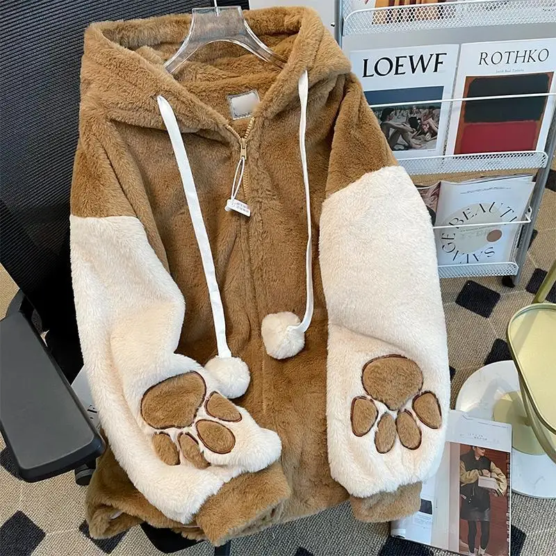 

New Product Autumn Winter Japanese Lamb Wool Women Hoodie Scarf Little Bear Harajuku Zipper Sweatshirt Khaki Casual Coat Female