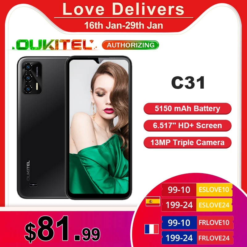 

[World Premiere] OUKITEL C31 Smartphone 6.517'' HD+ 3GB+16GB Cellphone 5150mAh 13MP Triple Rear Camera Android 12 Mobile Phone