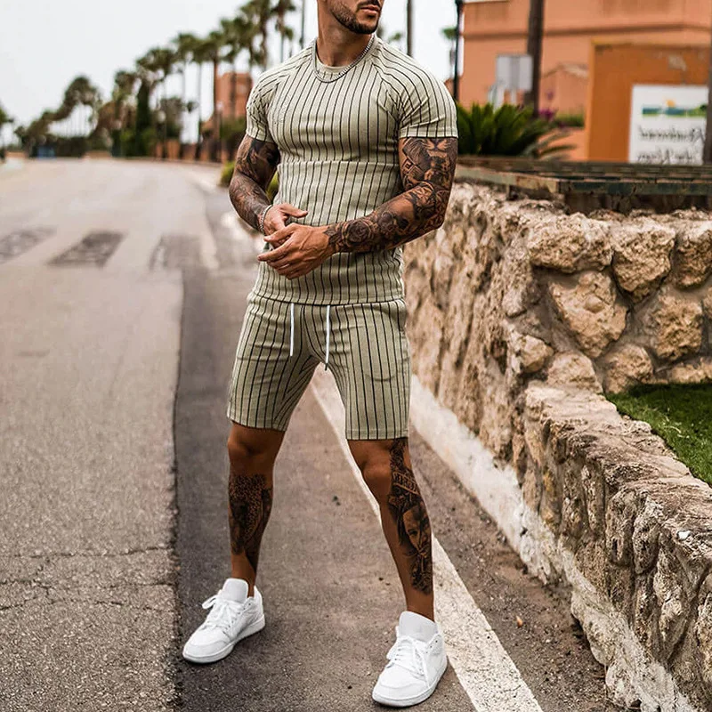 Men's Suit 2023 Summer New Stripe Print Short Sleeve T-shirt and Shorts Two Piece Sets Sports Male Tracksuit Ropa Para Hombre