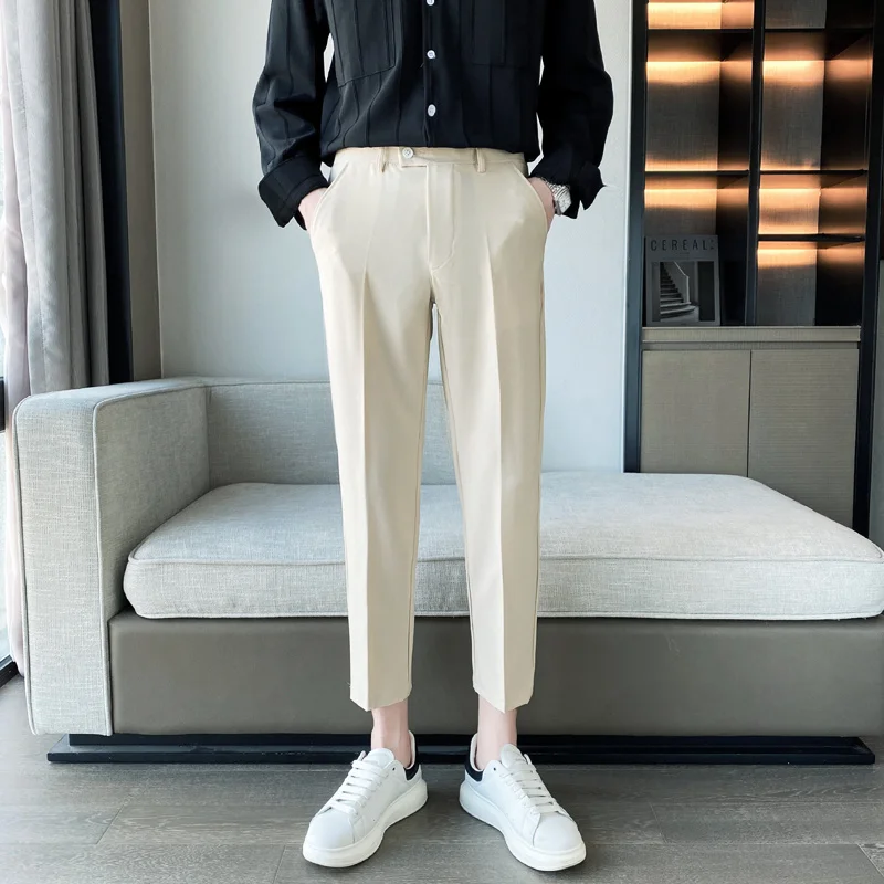 

Весна 2022, мужские строгие брюки до щиколотки в Корейском стиле, тянущиеся простые облегающие повседневные офисные брюки, строгие Бриджи 36