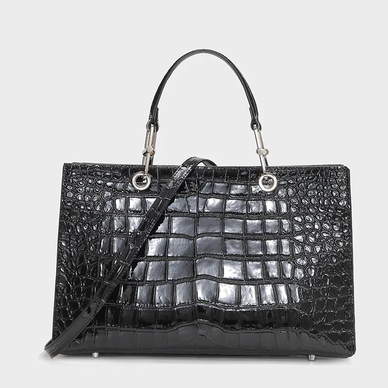 Black Crocodile Leather Handbags for Women 100% Genuine Cowhide Large Tote Bags Detachable Long Shoulder Strap Designer Bags
