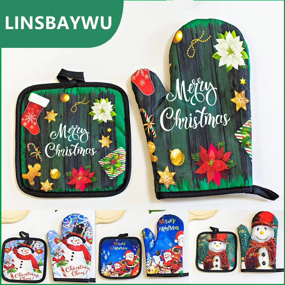 

Kitchen Oven Gloves Insulation Merry Christmas Pad Cooking Microwave Gloves Baking BBQ Oven Pot Holders Oven Mitts Potholder Pad